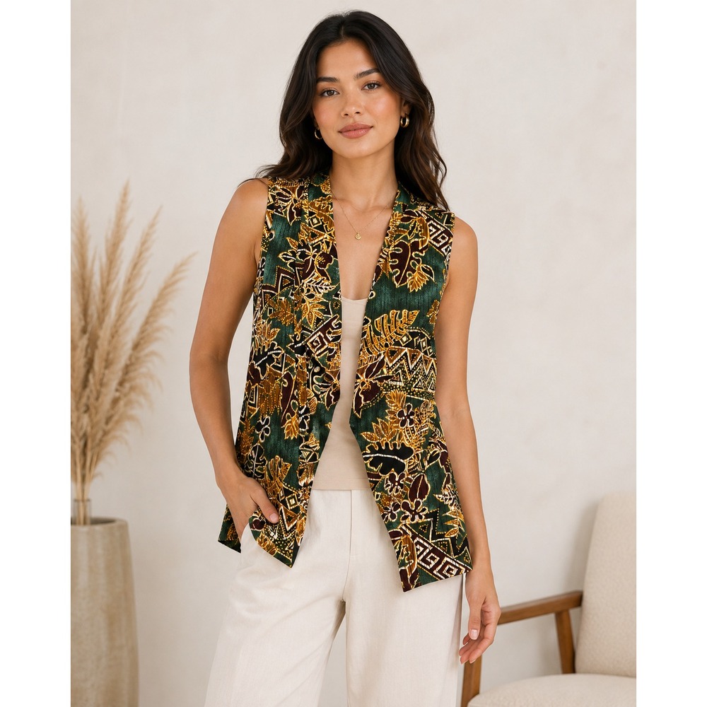 JB Wright Vintage Women Green Batik Tropical Print Rayon Sleeveless Vest Size 12
